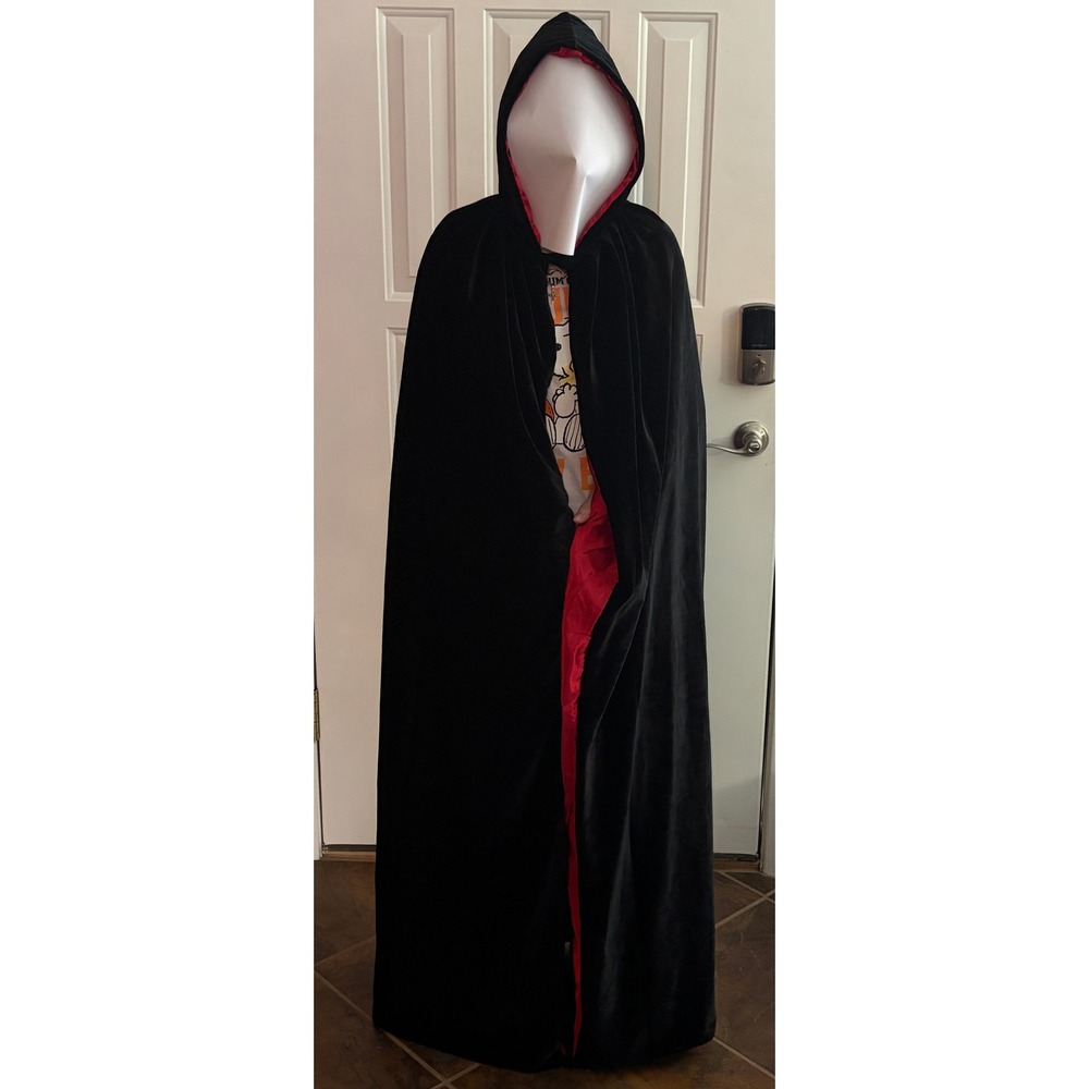 Reversible Hooded Cloak Black Velvet Red Satin Halloween Costume Cape - Picture 2 of 11